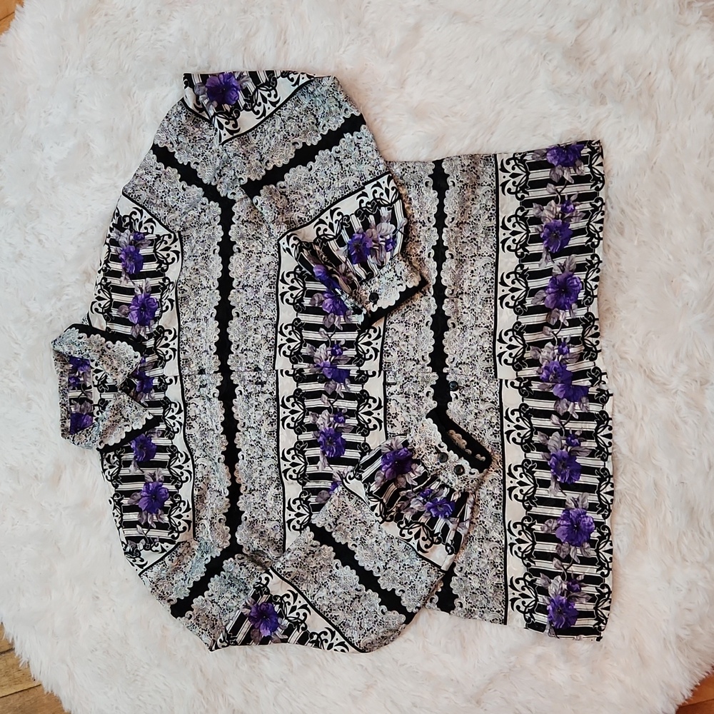 Vintage  black, purple and white multi print blouse